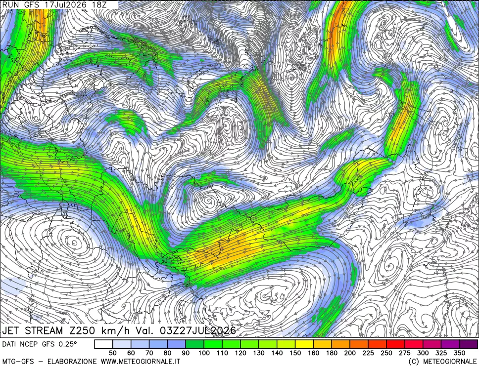 mappa 250 hPa Jet stream
