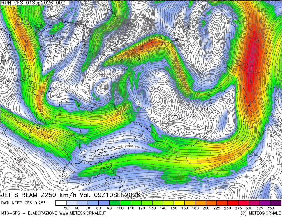 mappa 250 hPa Jet stream