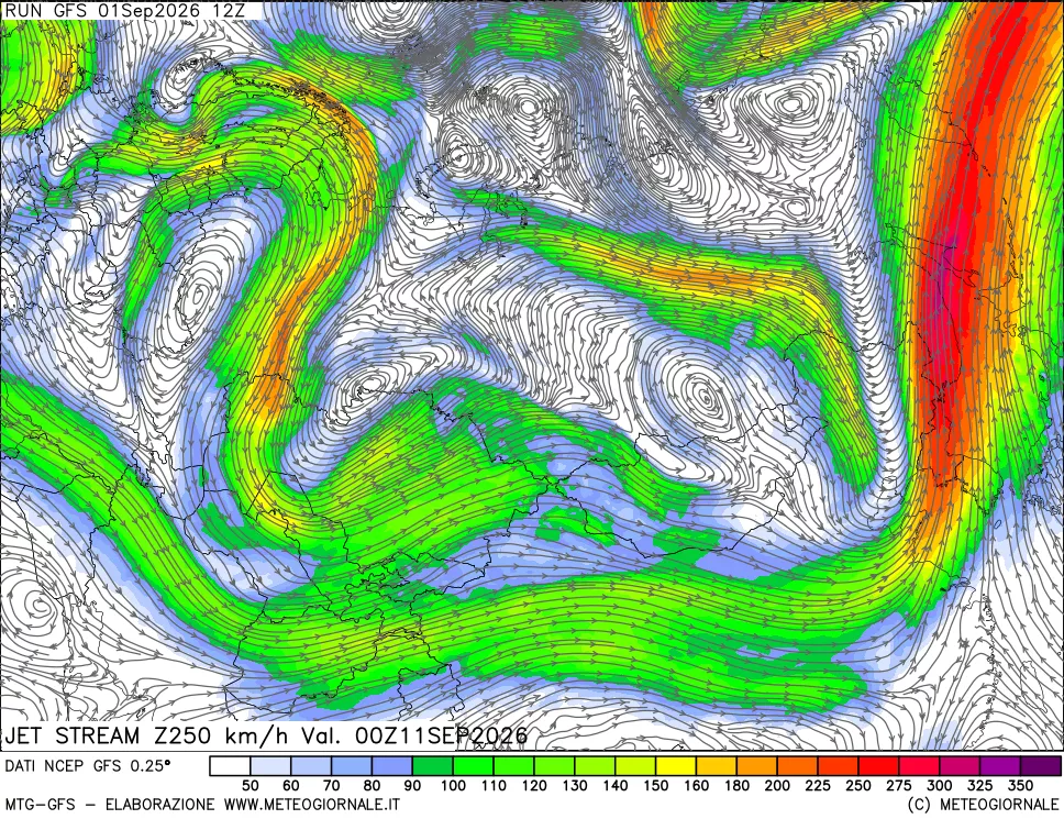 mappa 250 hPa Jet stream