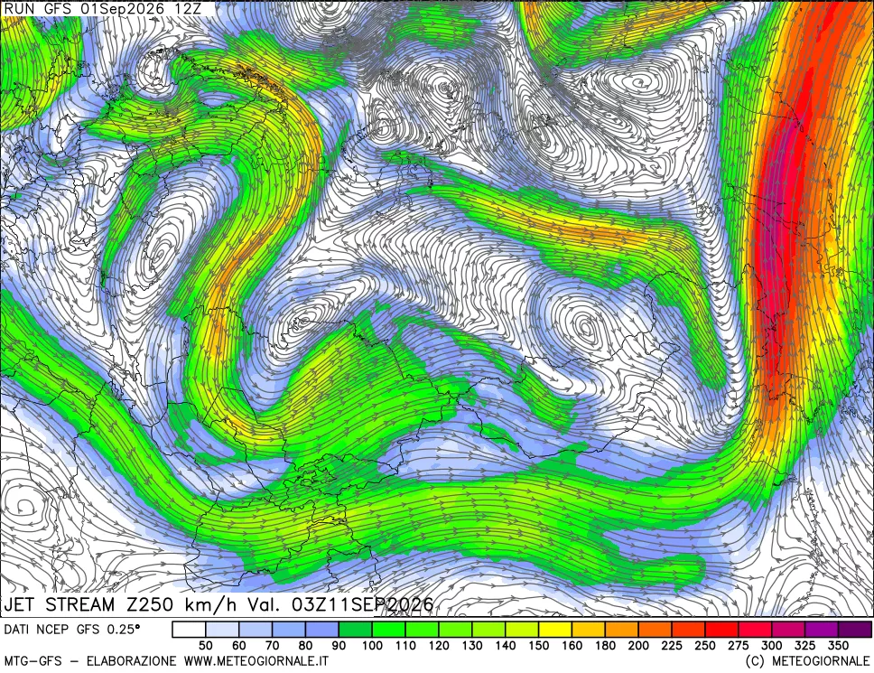 mappa 250 hPa Jet stream