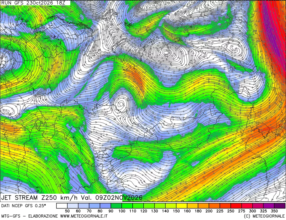 mappa 250 hPa Jet stream