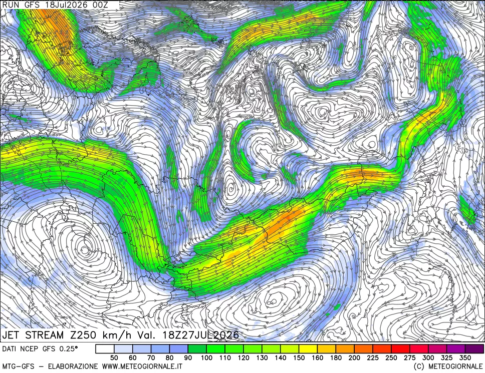 mappa 250 hPa Jet stream