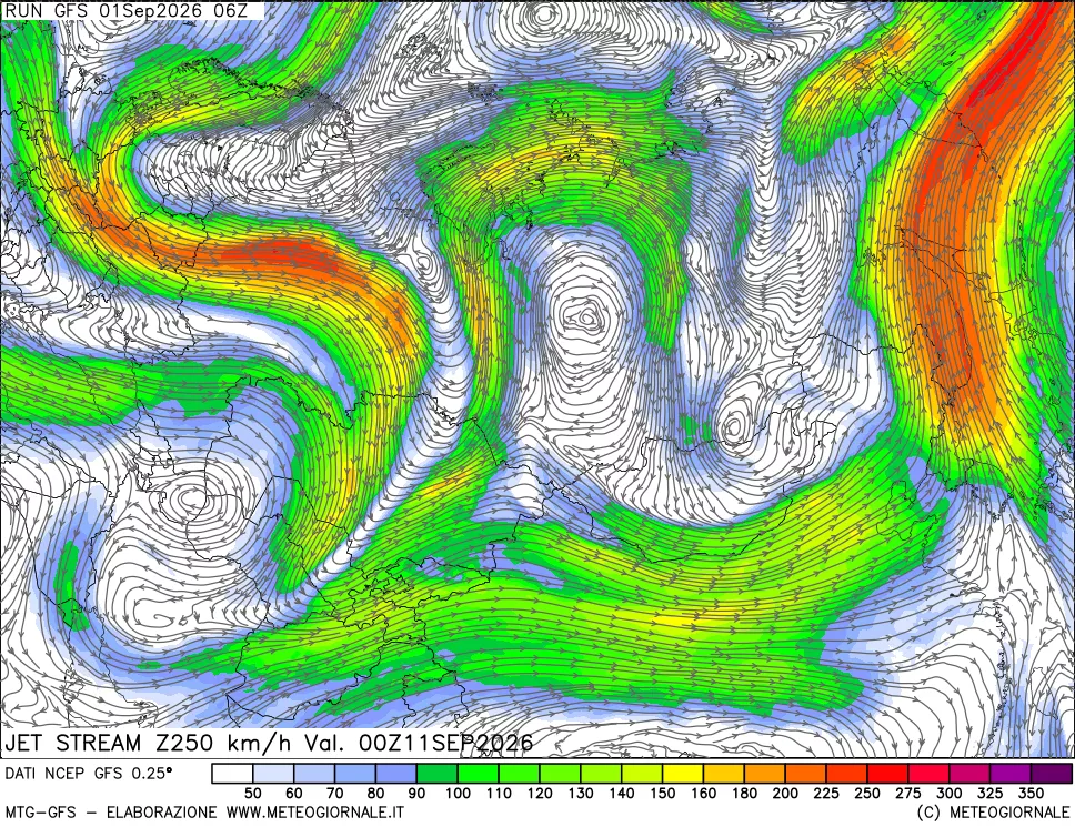 mappa 250 hPa Jet stream