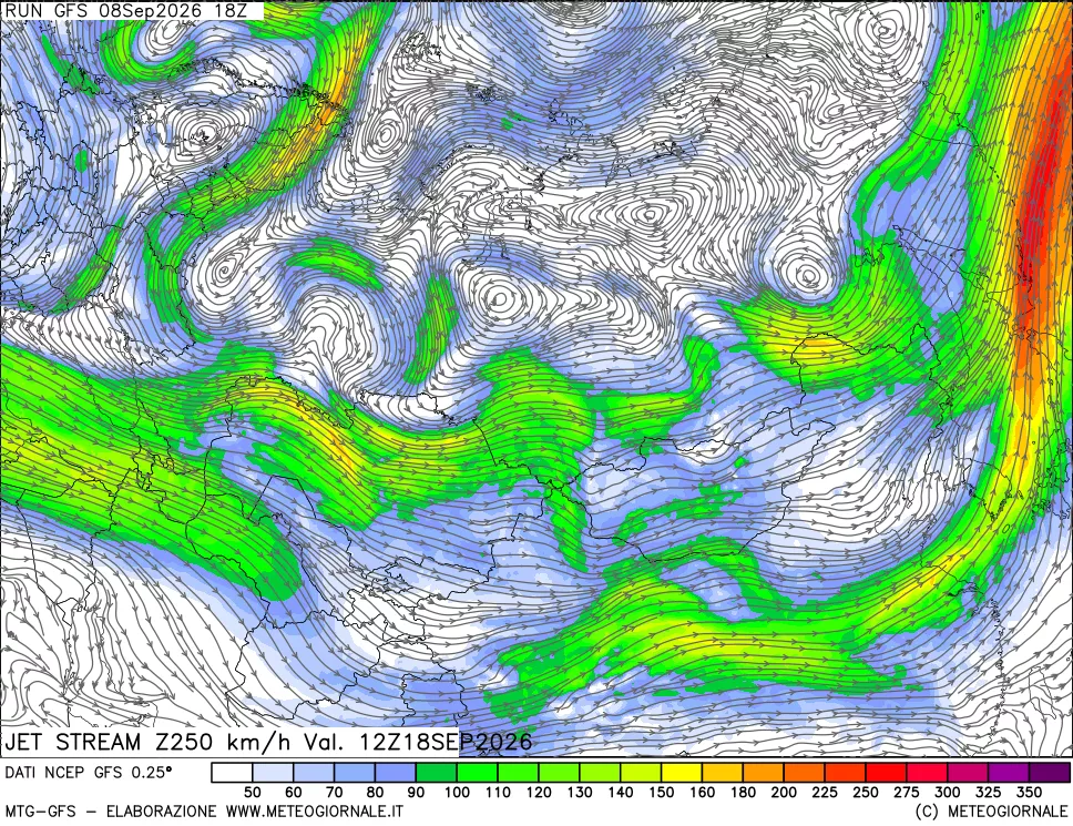 mappa 250 hPa Jet stream