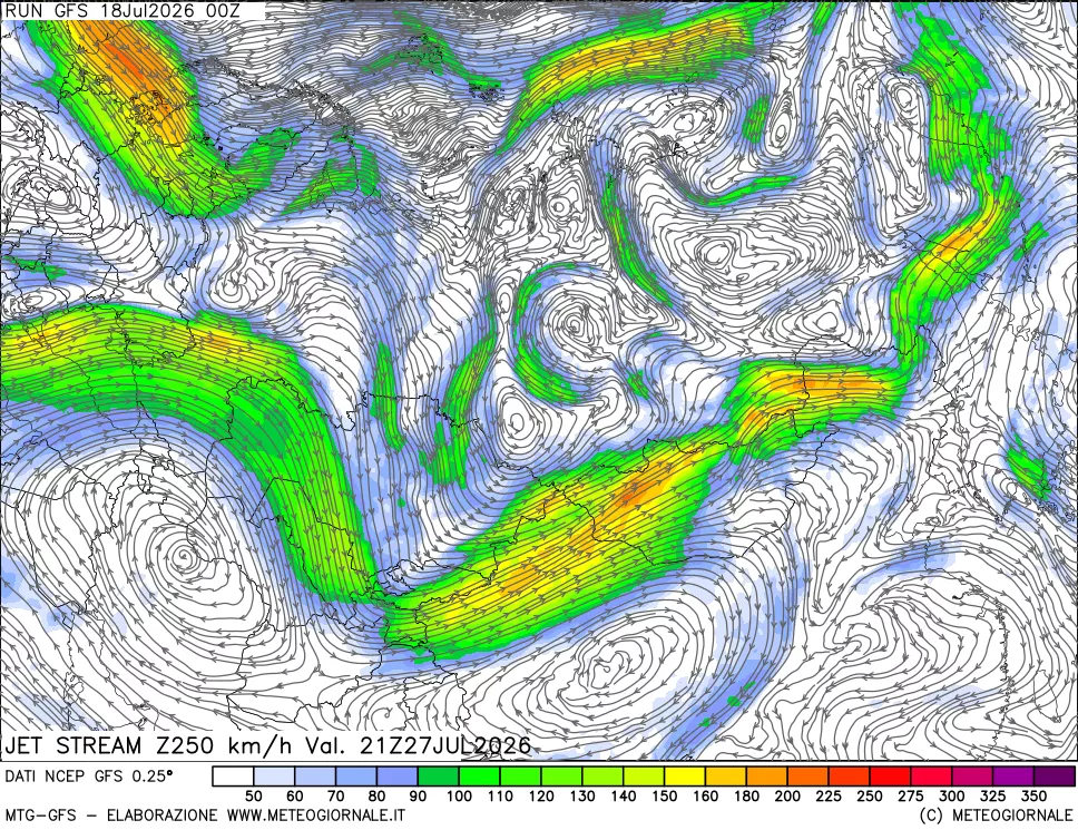 mappa 250 hPa Jet stream