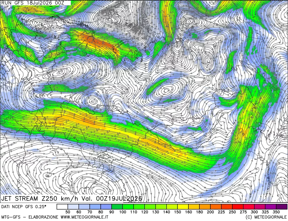 mappa 250 hPa Jet stream