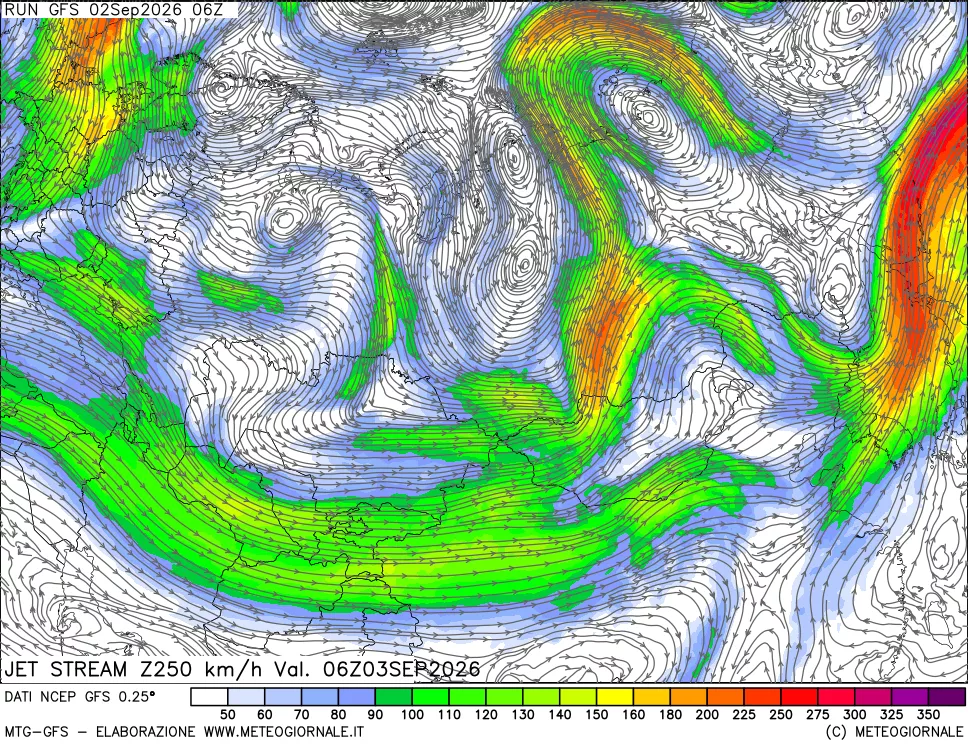 mappa 250 hPa Jet stream