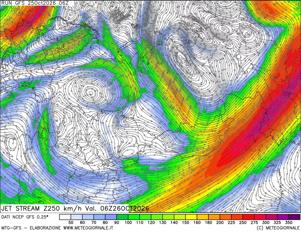 mappa 250 hPa Jet stream