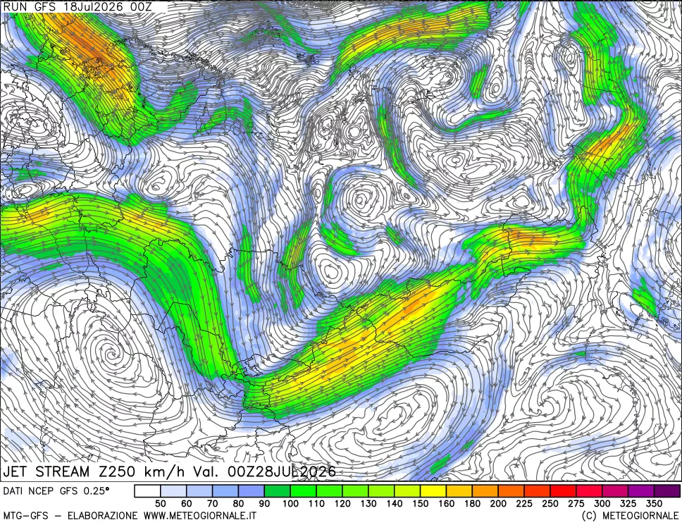 mappa 250 hPa Jet stream