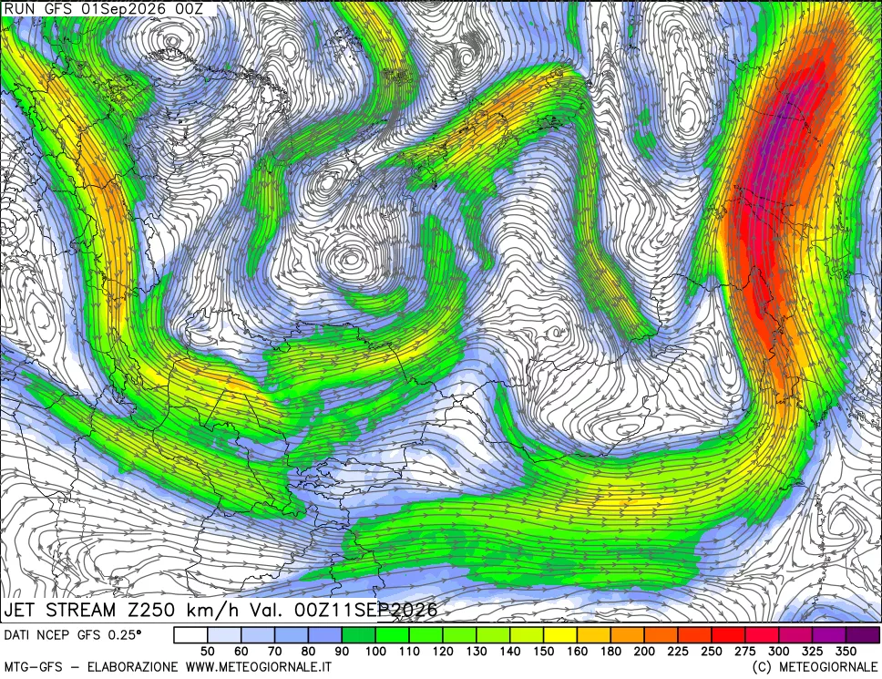 mappa 250 hPa Jet stream