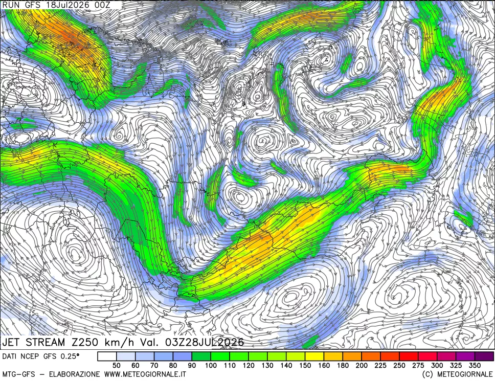 mappa 250 hPa Jet stream