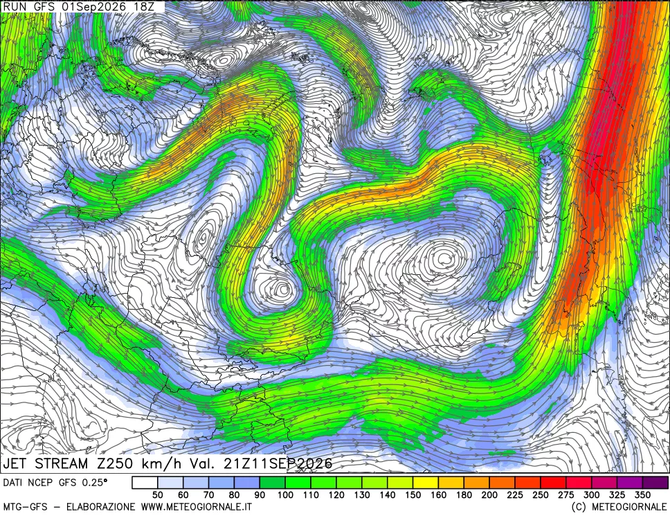 mappa 250 hPa Jet stream