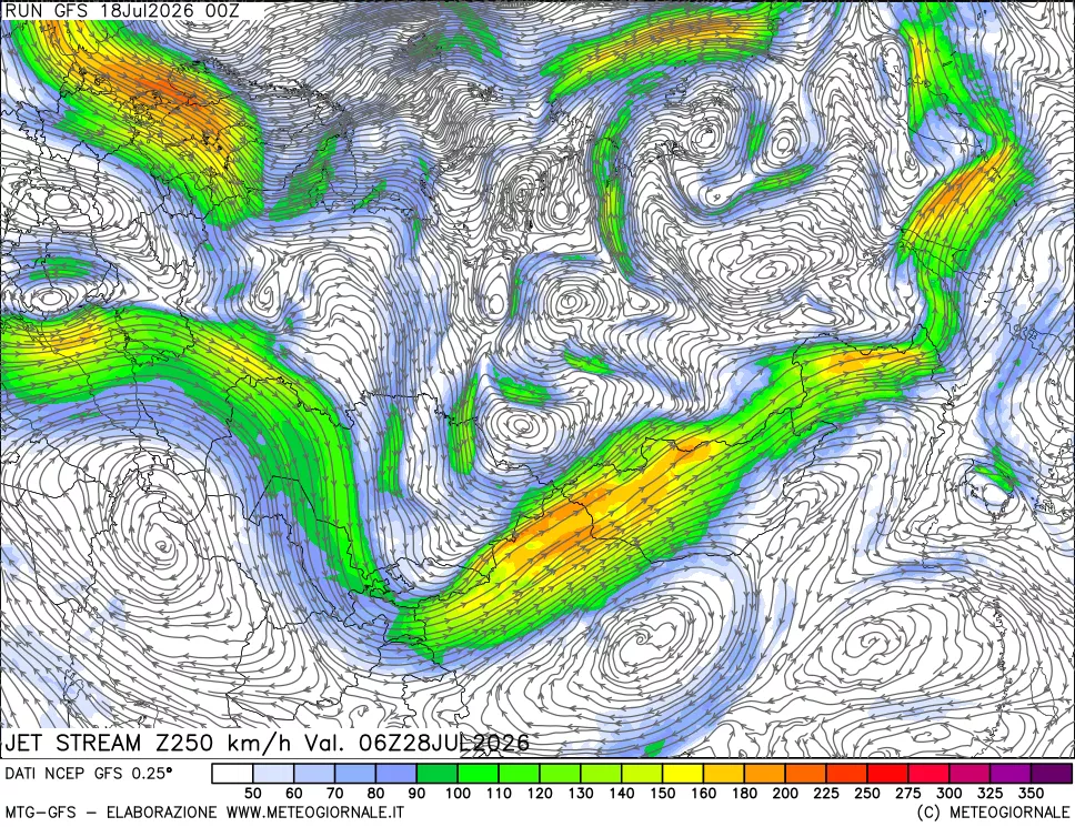 mappa 250 hPa Jet stream