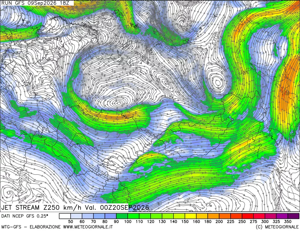 mappa 250 hPa Jet stream