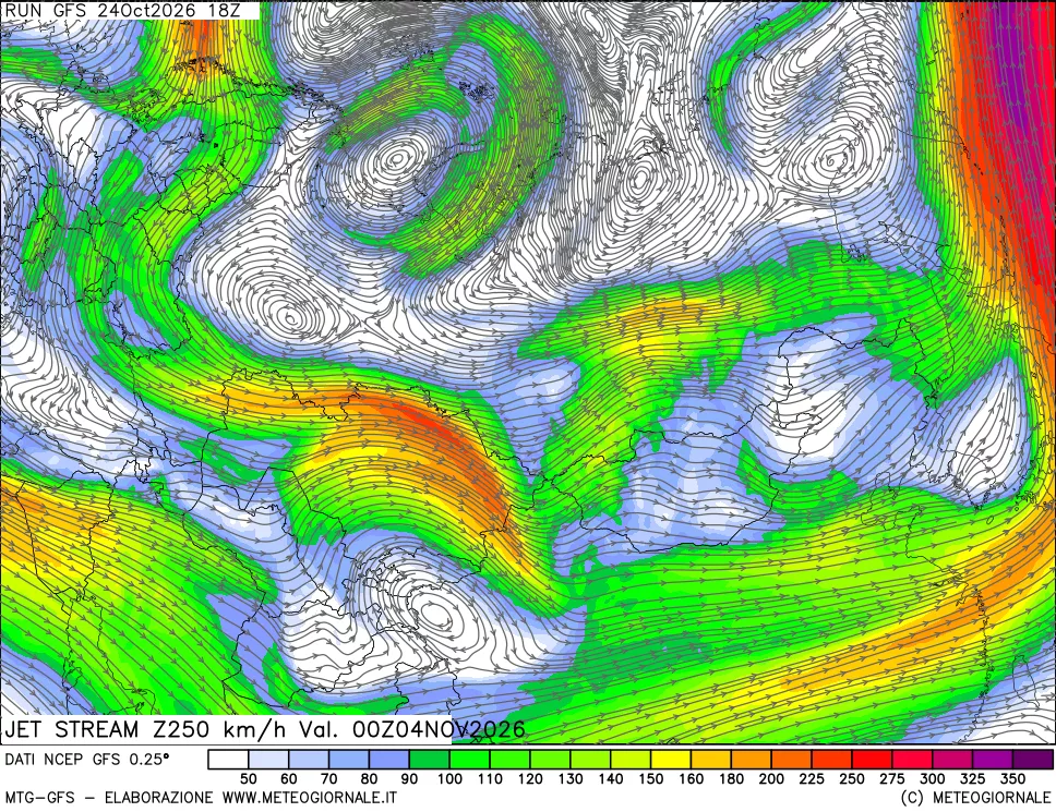 mappa 250 hPa Jet stream