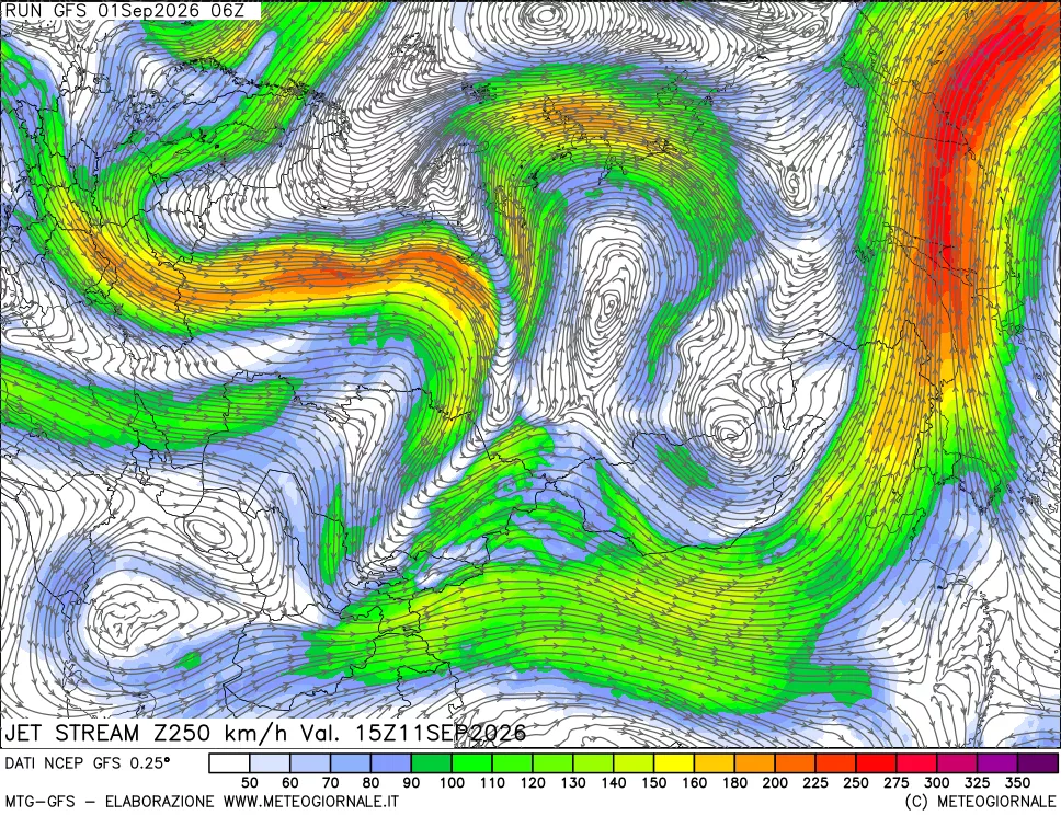 mappa 250 hPa Jet stream