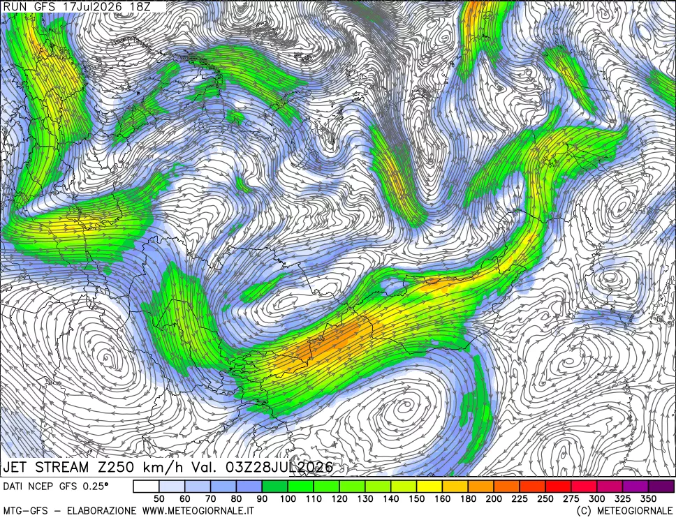 mappa 250 hPa Jet stream