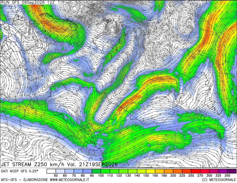 mappa 250 hPa Jet stream