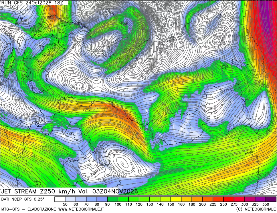mappa 250 hPa Jet stream
