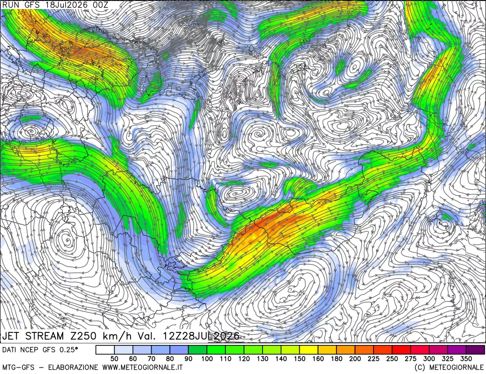 mappa 250 hPa Jet stream