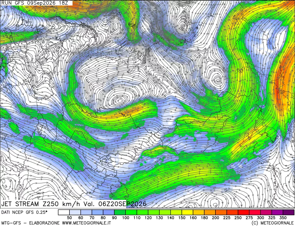 mappa 250 hPa Jet stream
