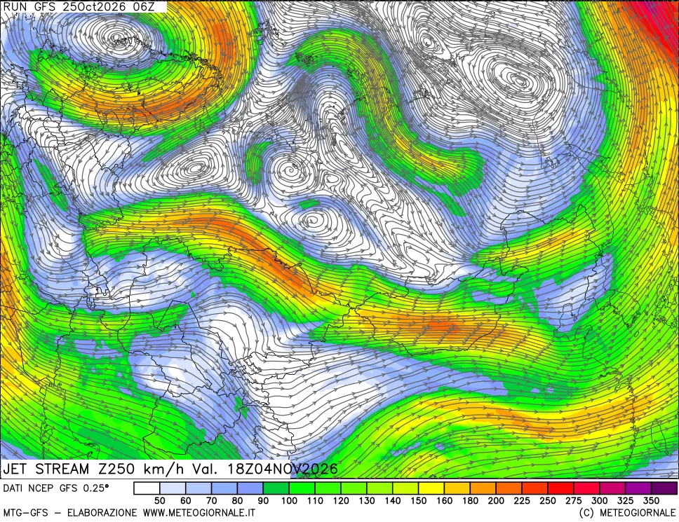 mappa 250 hPa Jet stream