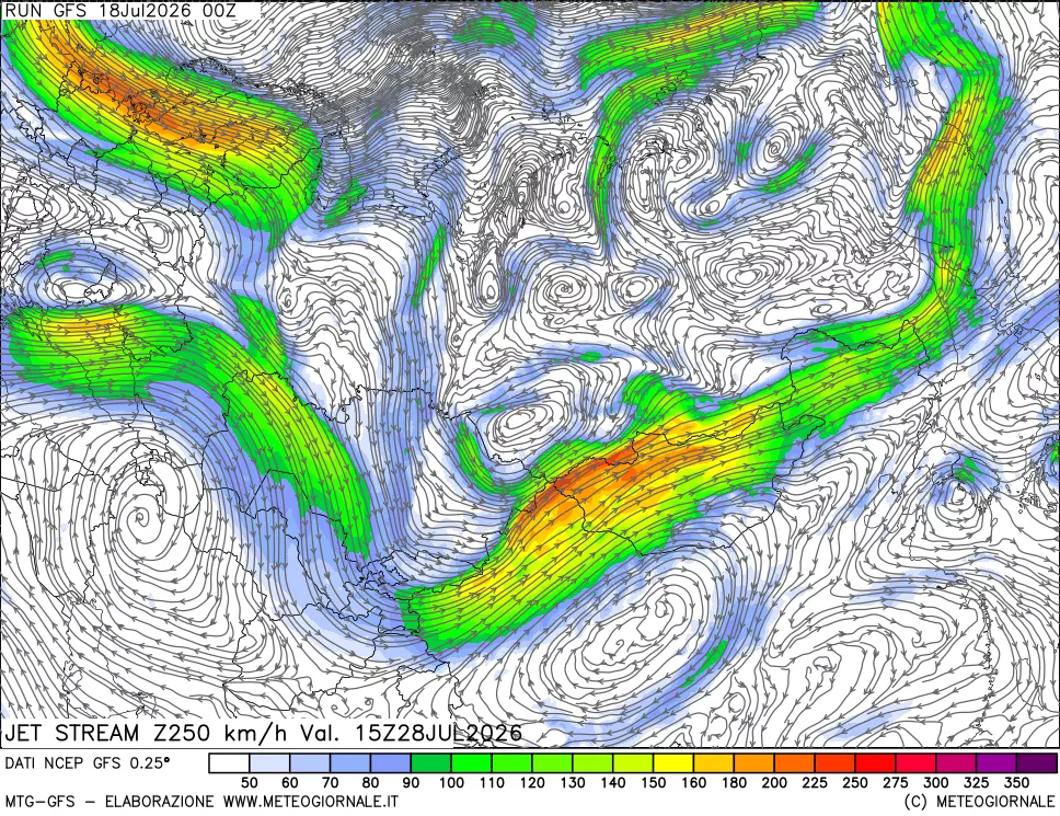 mappa 250 hPa Jet stream