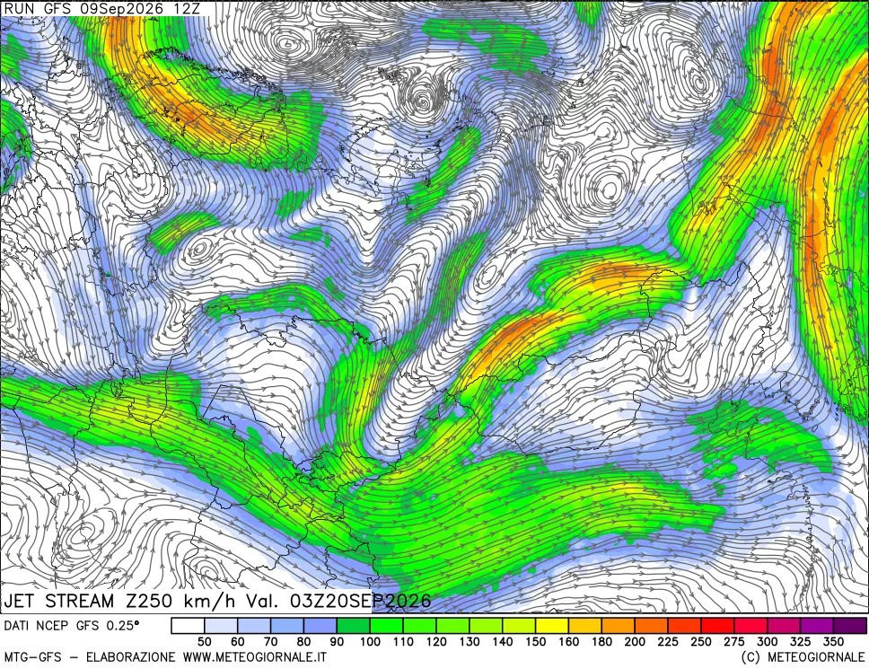 mappa 250 hPa Jet stream