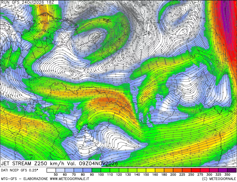mappa 250 hPa Jet stream