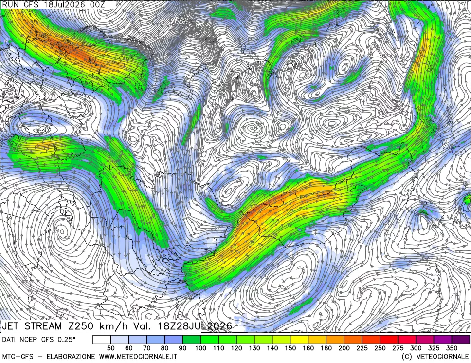 mappa 250 hPa Jet stream