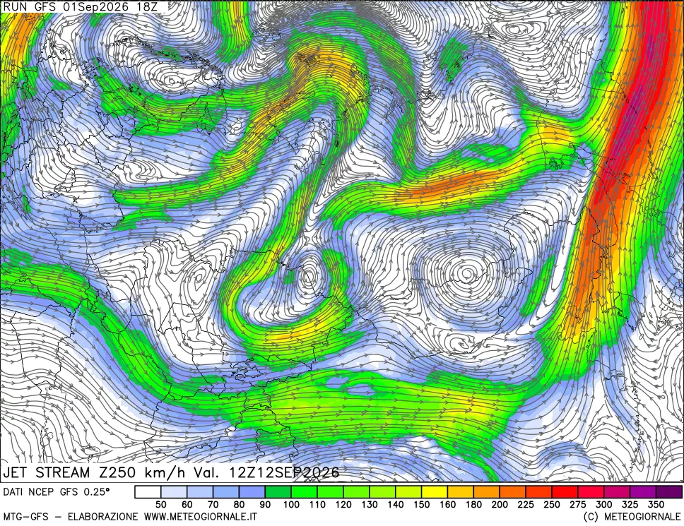 mappa 250 hPa Jet stream