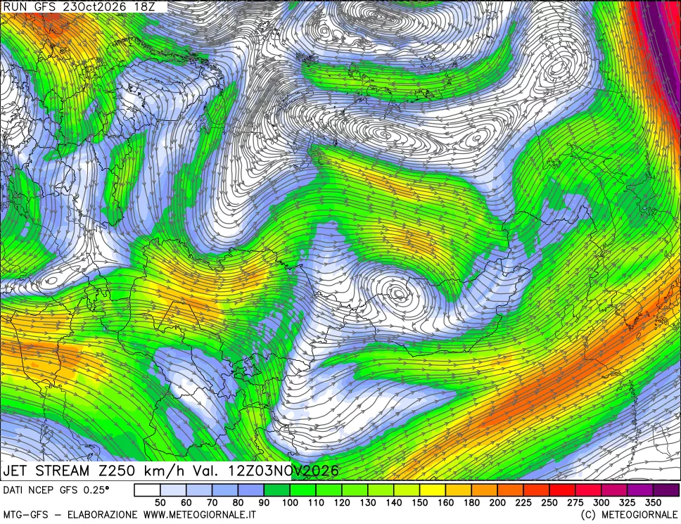 mappa 250 hPa Jet stream