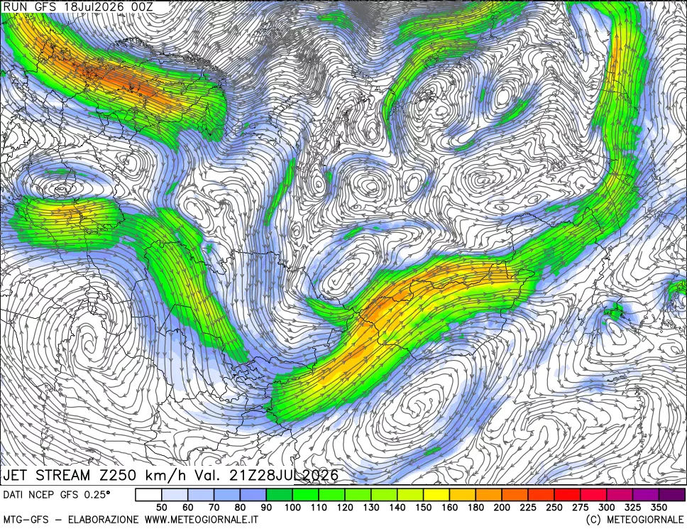 mappa 250 hPa Jet stream