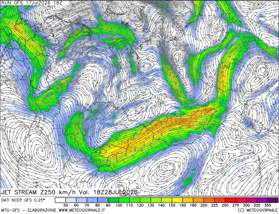 mappa 250 hPa Jet stream