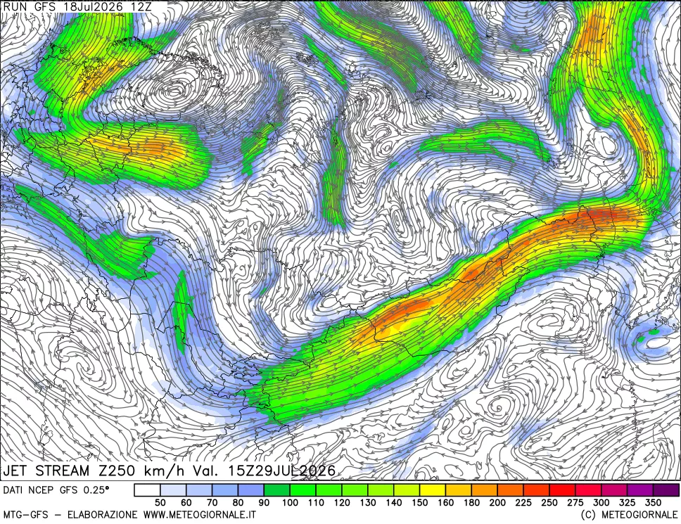 mappa 250 hPa Jet stream