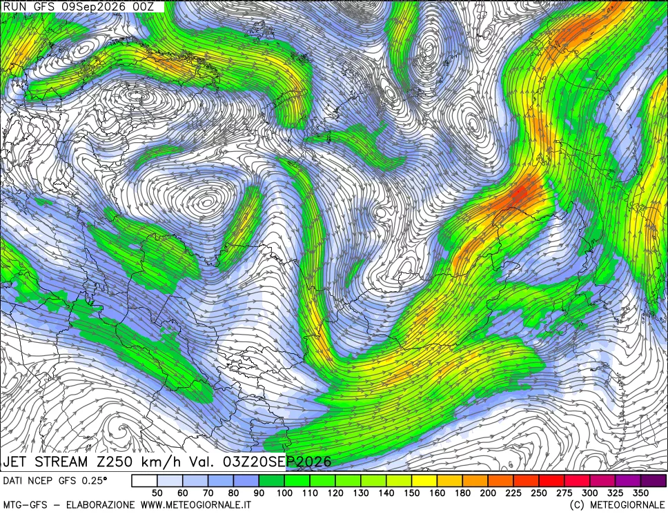 mappa 250 hPa Jet stream