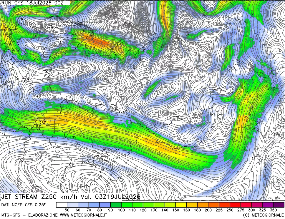 mappa 250 hPa Jet stream