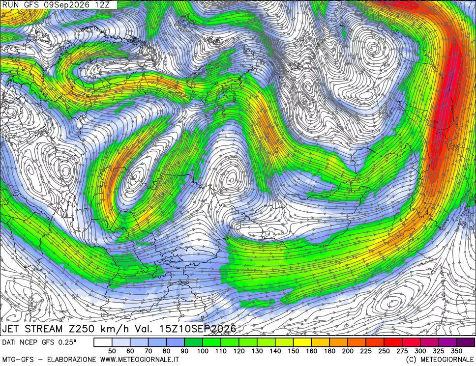 mappa 250 hPa Jet stream