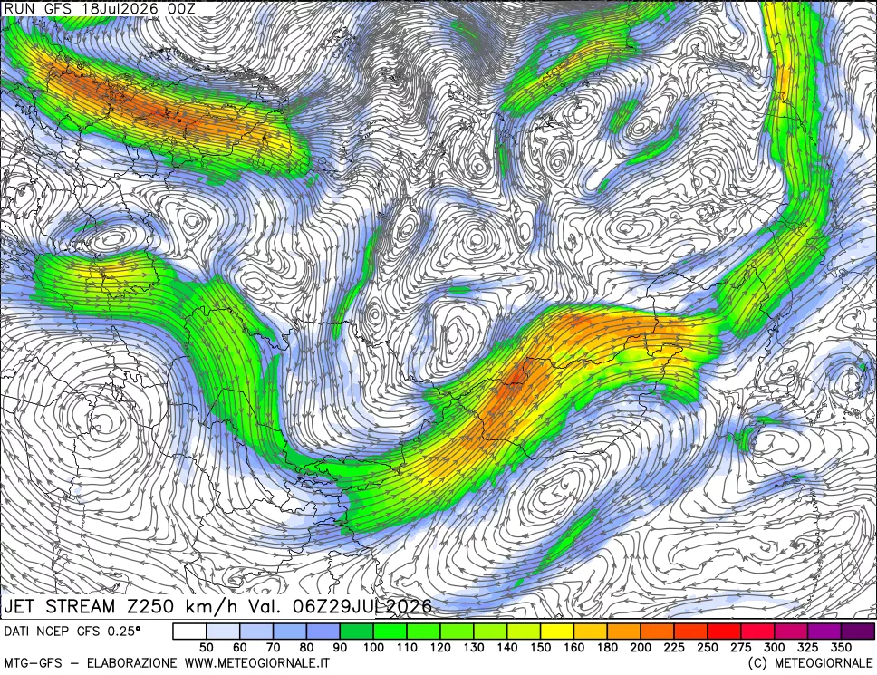 mappa 250 hPa Jet stream