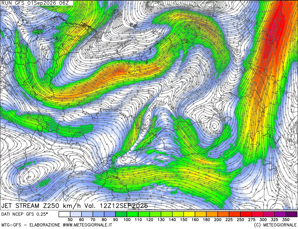 mappa 250 hPa Jet stream