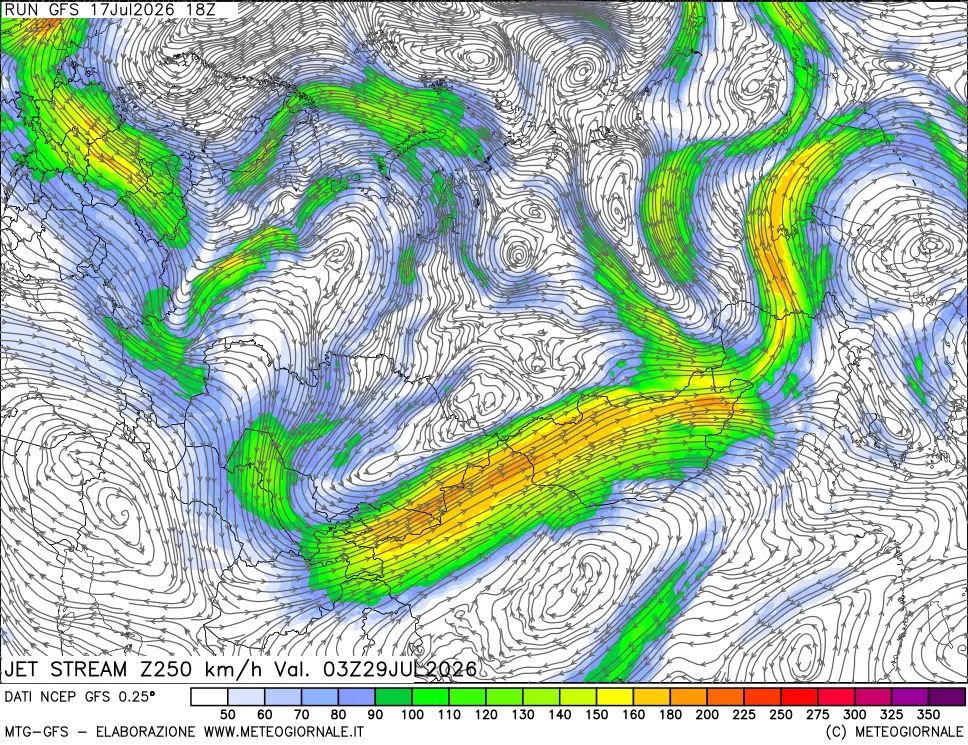 mappa 250 hPa Jet stream