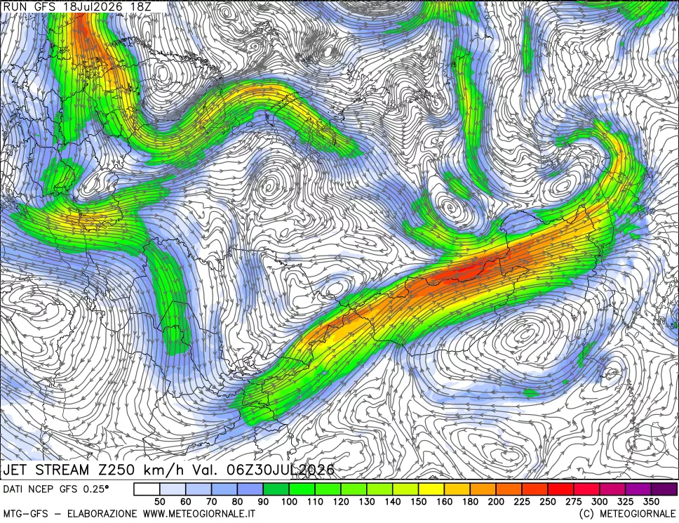 mappa 250 hPa Jet stream