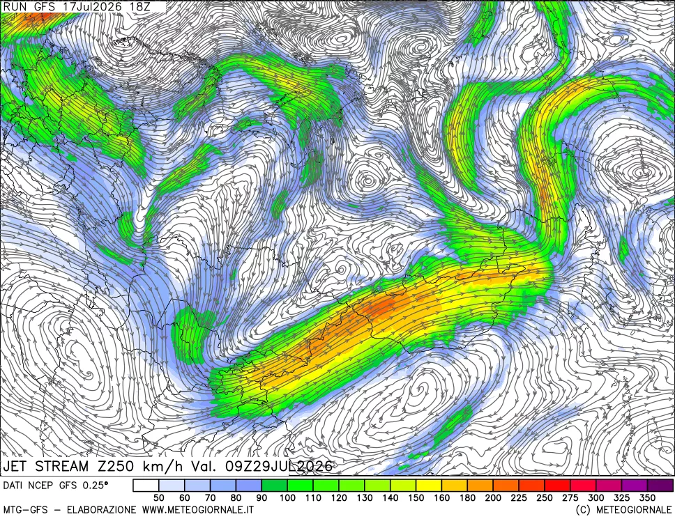 mappa 250 hPa Jet stream