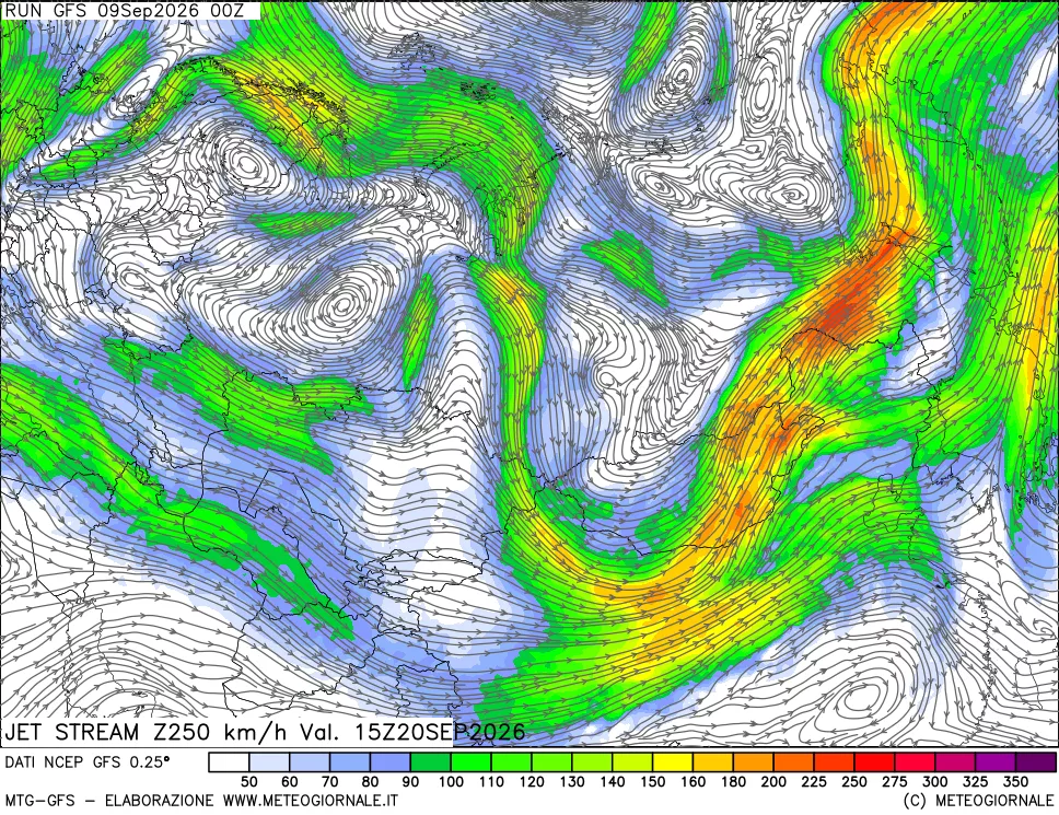 mappa 250 hPa Jet stream