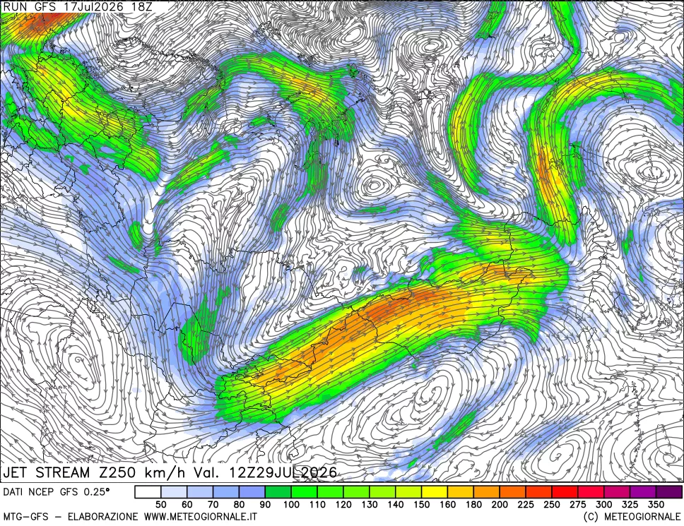 mappa 250 hPa Jet stream