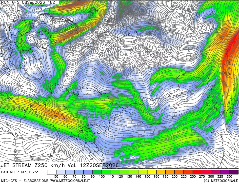 mappa 250 hPa Jet stream