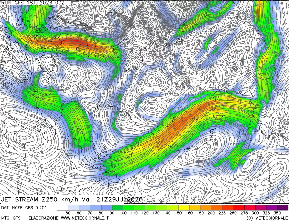 mappa 250 hPa Jet stream