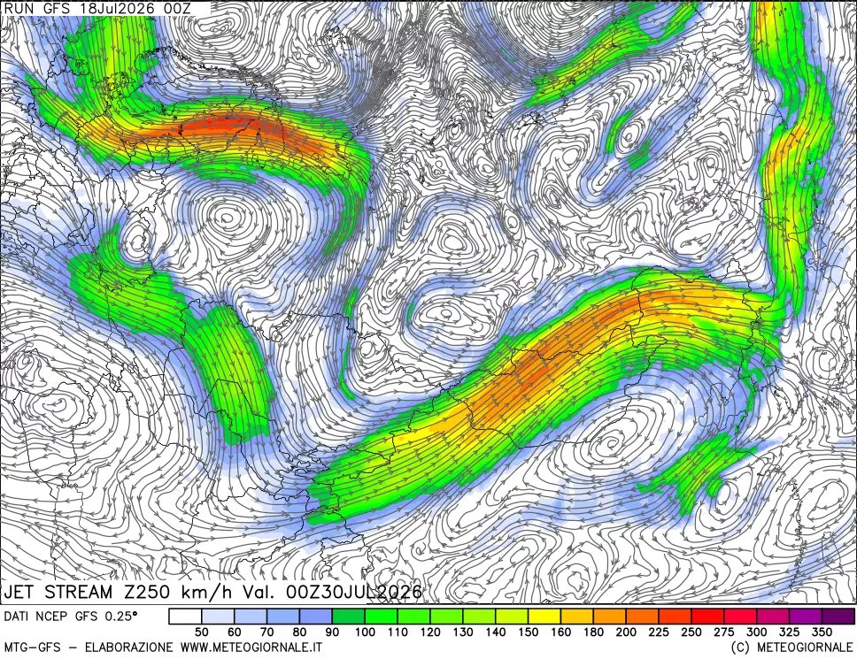 mappa 250 hPa Jet stream