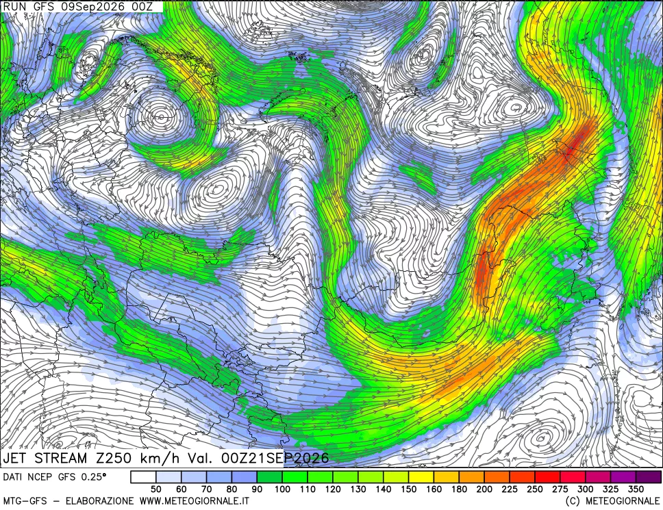 mappa 250 hPa Jet stream