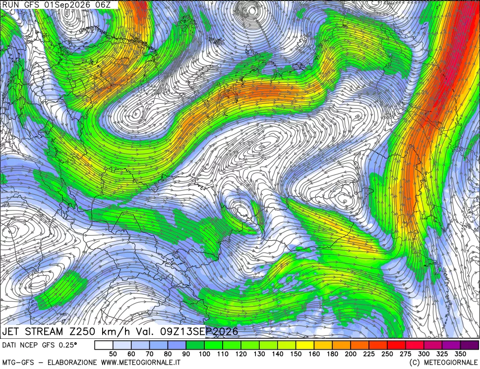 mappa 250 hPa Jet stream